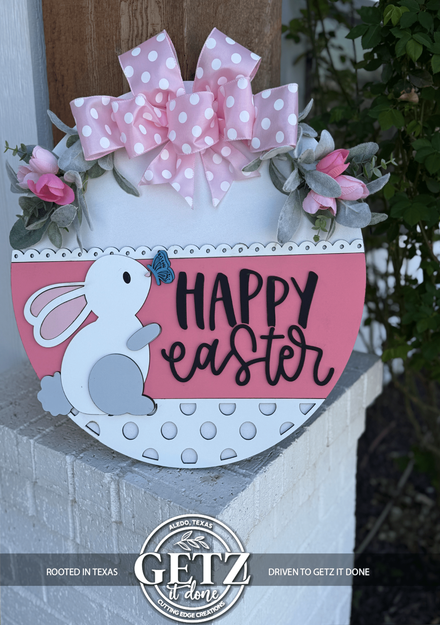 Happy Easter Bunny & Butterfly Door Sign – Spring Farmhouse Layered Wood Decor - 3D Layered Wood Door Sign by Getz It Done Studio