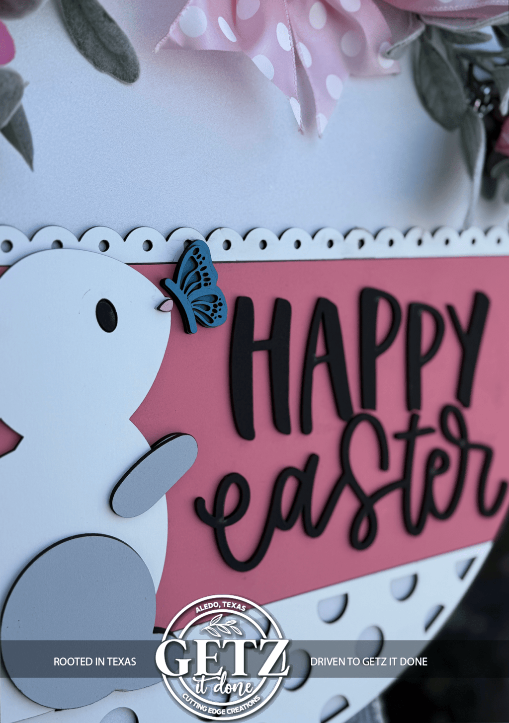 Happy Easter Bunny & Butterfly Door Sign – Spring Farmhouse Layered Wood Decor - 3D Layered Wood Door Sign by Getz It Done Studio