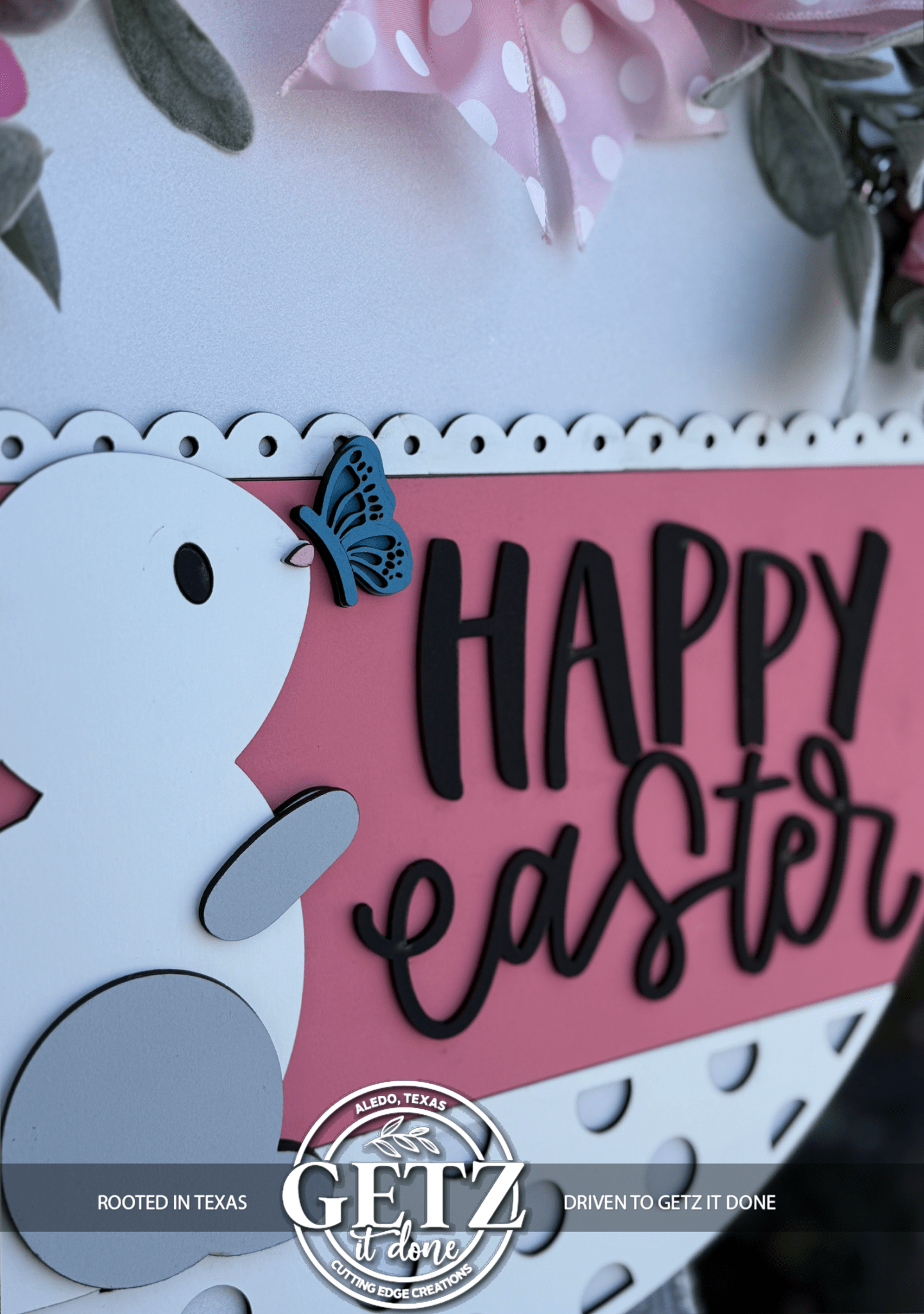 Happy Easter Bunny & Butterfly Door Sign – Spring Farmhouse Layered Wood Decor - 3D Layered Wood Door Sign by Getz It Done Studio