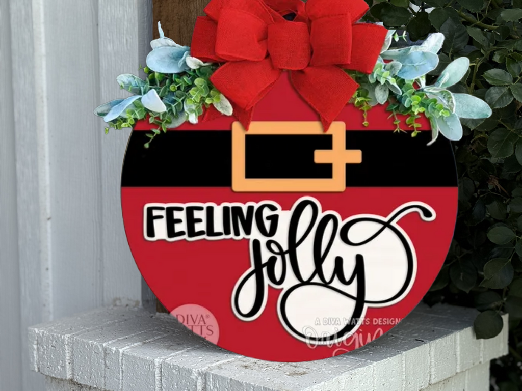 Feeling Jolly Door Sign – Santa Suit Christmas Door Hanger, Holiday Porch Decor, Handmade Layered Wood Farmhouse Christmas Sign
