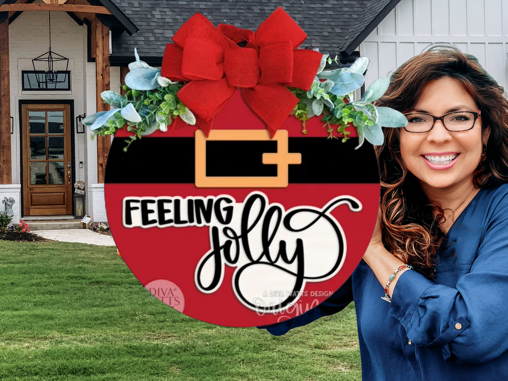 Feeling Jolly Door Sign – Santa Suit Christmas Door Hanger, Holiday Porch Decor, Handmade Layered Wood Farmhouse Christmas Sign