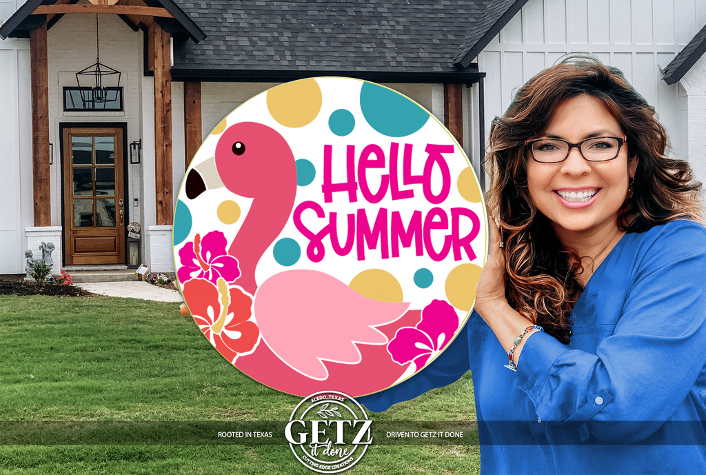 Hello Summer! 3D Layered Wood Flamingo Round Door Hanger