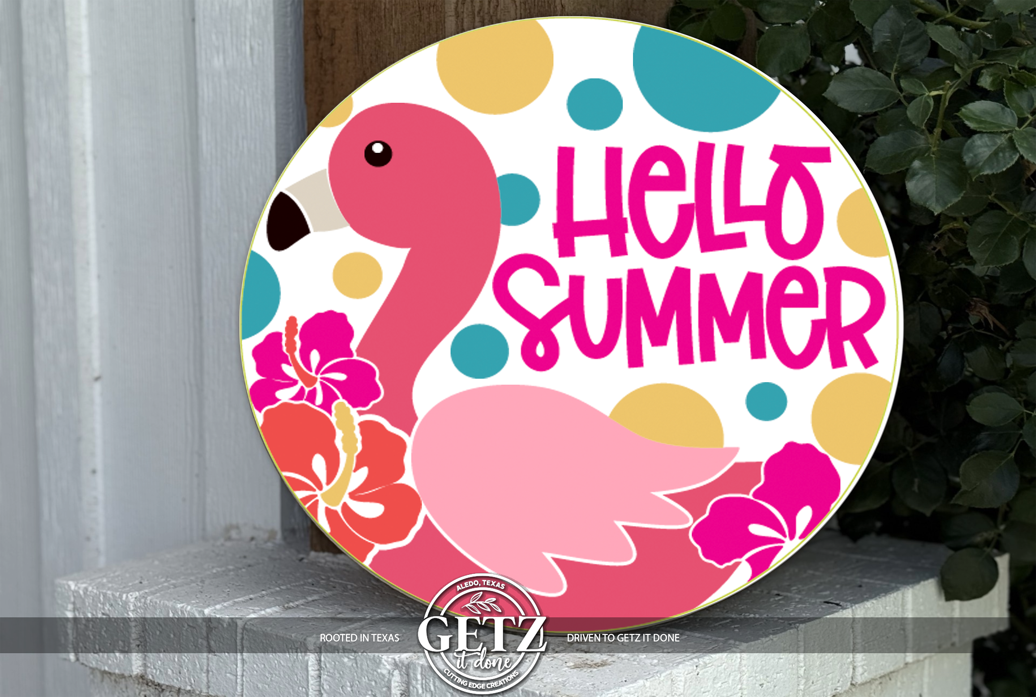 Hello Summer! 3D Layered Wood Flamingo Round Door Hanger
