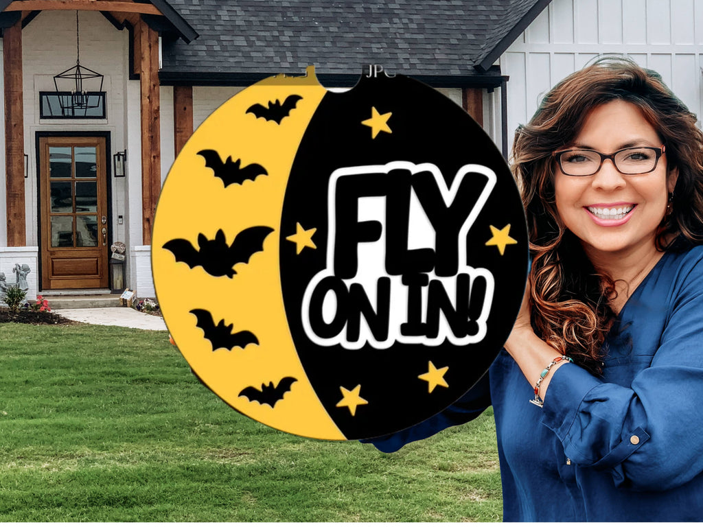 Fly On In Halloween Door Sign | Bat & Stars Porch Decor | Laser Cut Wood Sign | Hand Painted Halloween Door Hanger - 3D Layered Wood Door Sign by Getz It Done Studio
