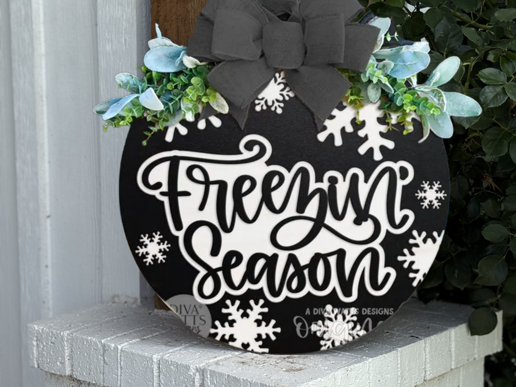 Freezin’ Season Door Sign – Winter Layered Wood Door Hanger, Snowflake Porch Decor, Funny Cold Weather Sign, Handmade Farmhouse Style