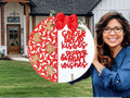 Gingerbread Kisses Peppermint Wishes Christmas Door Sign, Holiday Gingerbread Man Wreath, Red White Laser Cut Wooden Porch Decor - 3D Layered Wood Door Sign by Getz It Done Studio