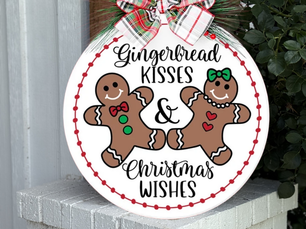 Gingerbread Kisses & Christmas Wishes Door Sign – Holiday Cookie Couple Door Hanger, Handmade Layered Wood Christmas Decor