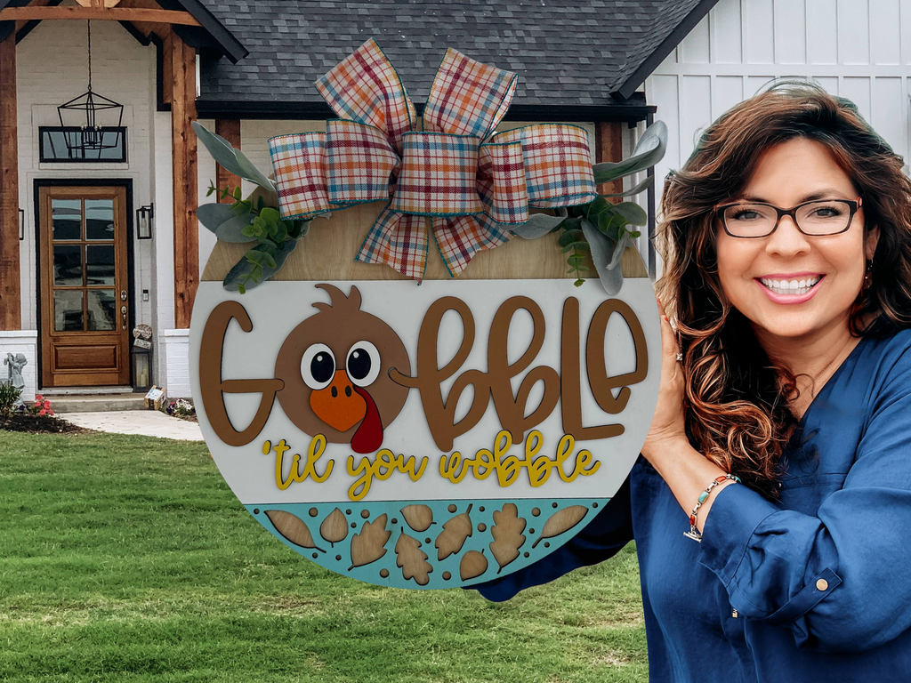 Gobble Til You Wobble Thanksgiving Door Sign – Funny Turkey Front Door Hanger, 3D Layered Wood Wreath, Fall Farmhouse Holiday Porch Decor