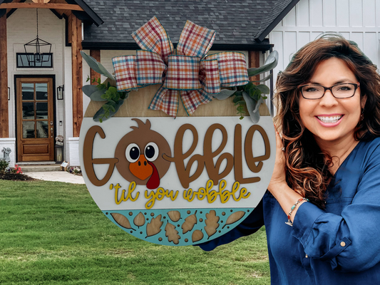 Gobble Til You Wobble Thanksgiving Door Sign – Funny Turkey Front Door Hanger, 3D Layered Wood Wreath, Fall Farmhouse Holiday Porch Decor