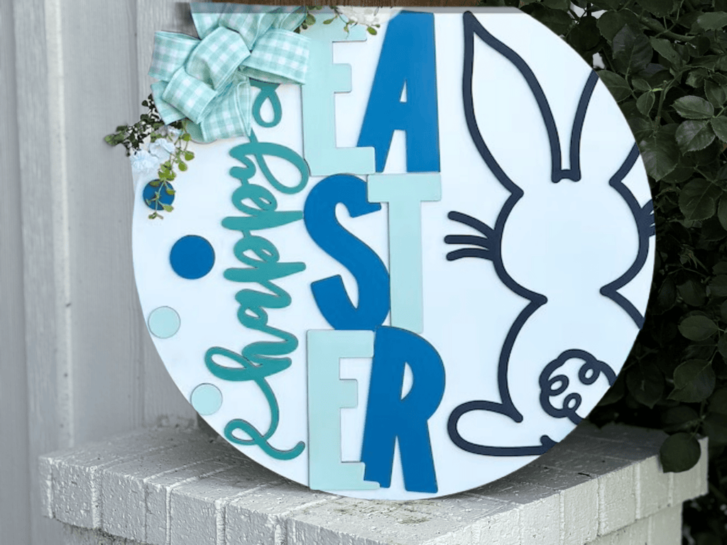 Happy Easter Door Hanger • Easter Bunny Door Sign • Spring Door Decor • Bunny Tail Sign • Easter Front Door Decor - 3D Layered Wood Door Sign by Getz It Done Studio