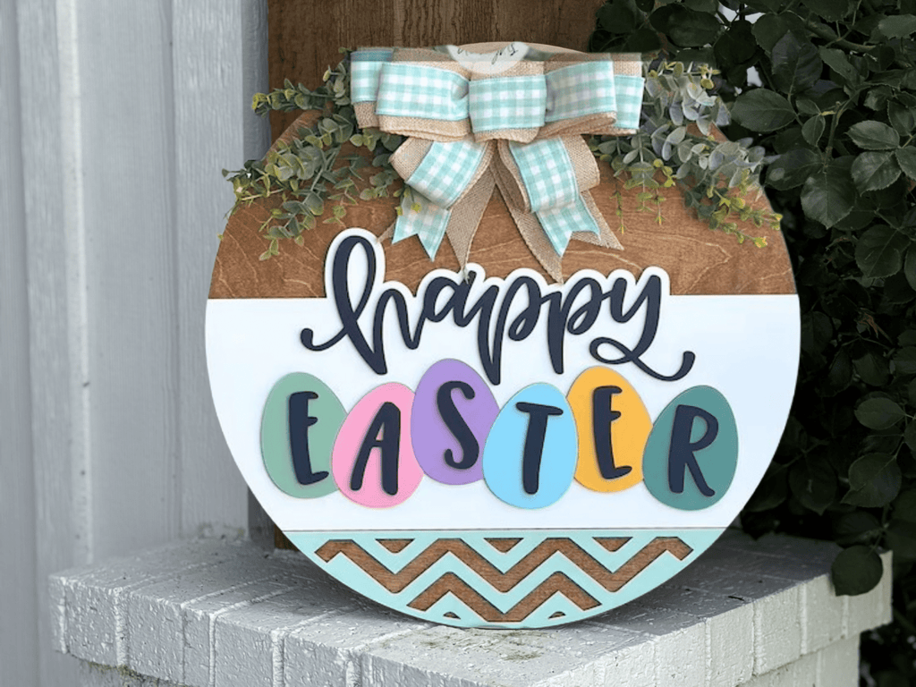 Happy Easter Door Hanger • Pastel Easter Eggs Sign • Spring Front Door Decor • Easter Egg Door Sign • Farmhouse Easter Decor - 3D Layered Wood Door Sign by Getz It Done Studio