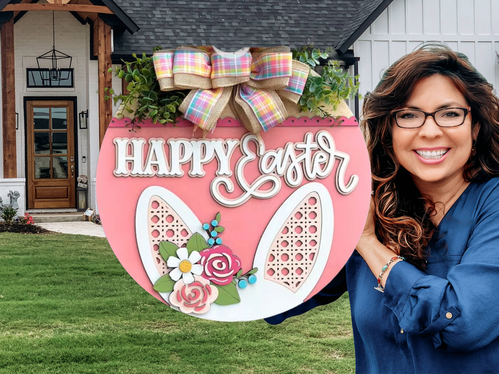Happy Easter Door Hanger • Pink Bunny Ears Easter Sign • Spring Front Door Decor • Easter Bunny Door Sign • Farmhouse Easter Decor - 3D Layered Wood Door Sign by Getz It Done Studio