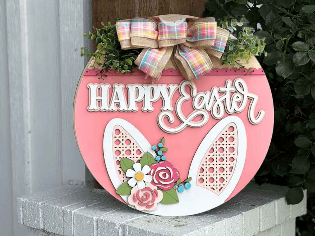 Happy Easter Door Hanger • Pink Bunny Ears Easter Sign • Spring Front Door Decor • Easter Bunny Door Sign • Farmhouse Easter Decor - 3D Layered Wood Door Sign by Getz It Done Studio