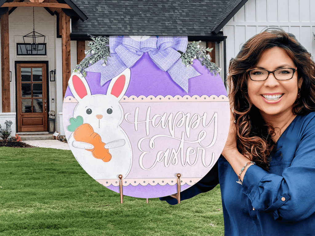 Happy Easter Door Hanger • Easter Bunny Door Sign • Pastel Easter Decor • Spring Bunny Sign • Easter Front Door Decor - 3D Layered Wood Door Sign by Getz It Done Studio