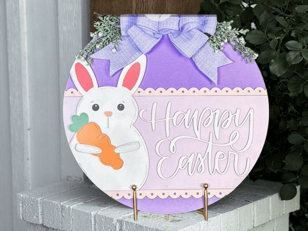 Happy Easter Door Hanger • Easter Bunny Door Sign • Pastel Easter Decor • Spring Bunny Sign • Easter Front Door Decor - 3D Layered Wood Door Sign by Getz It Done Studio