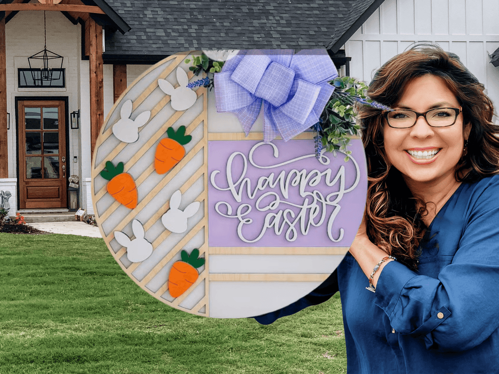 Happy Easter Door Hanger • Bunny and Carrot Easter Sign • Spring Front Door Decor • Pastel Easter Door Sign • Easter Porch Decor - 3D Layered Wood Door Sign by Getz It Done Studio