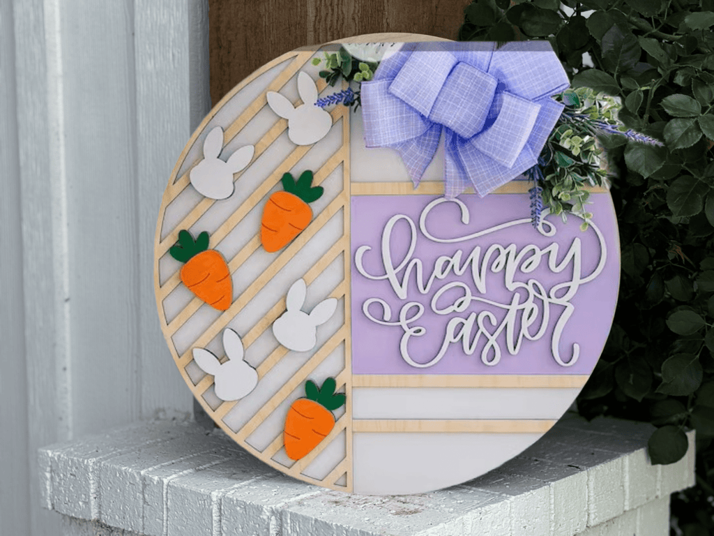 Happy Easter Door Hanger • Bunny and Carrot Easter Sign • Spring Front Door Decor • Pastel Easter Door Sign • Easter Porch Decor - 3D Layered Wood Door Sign by Getz It Done Studio