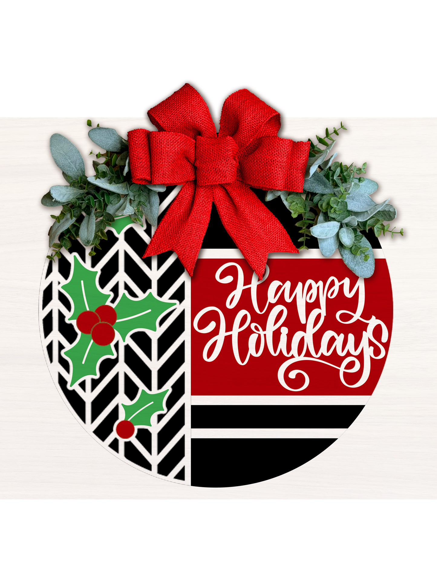 Happy Holidays Door Sign • Christmas Mistletoe Door Hanger • Red Black White Holiday Porch Decor • Layered Laser Cut Round Sign