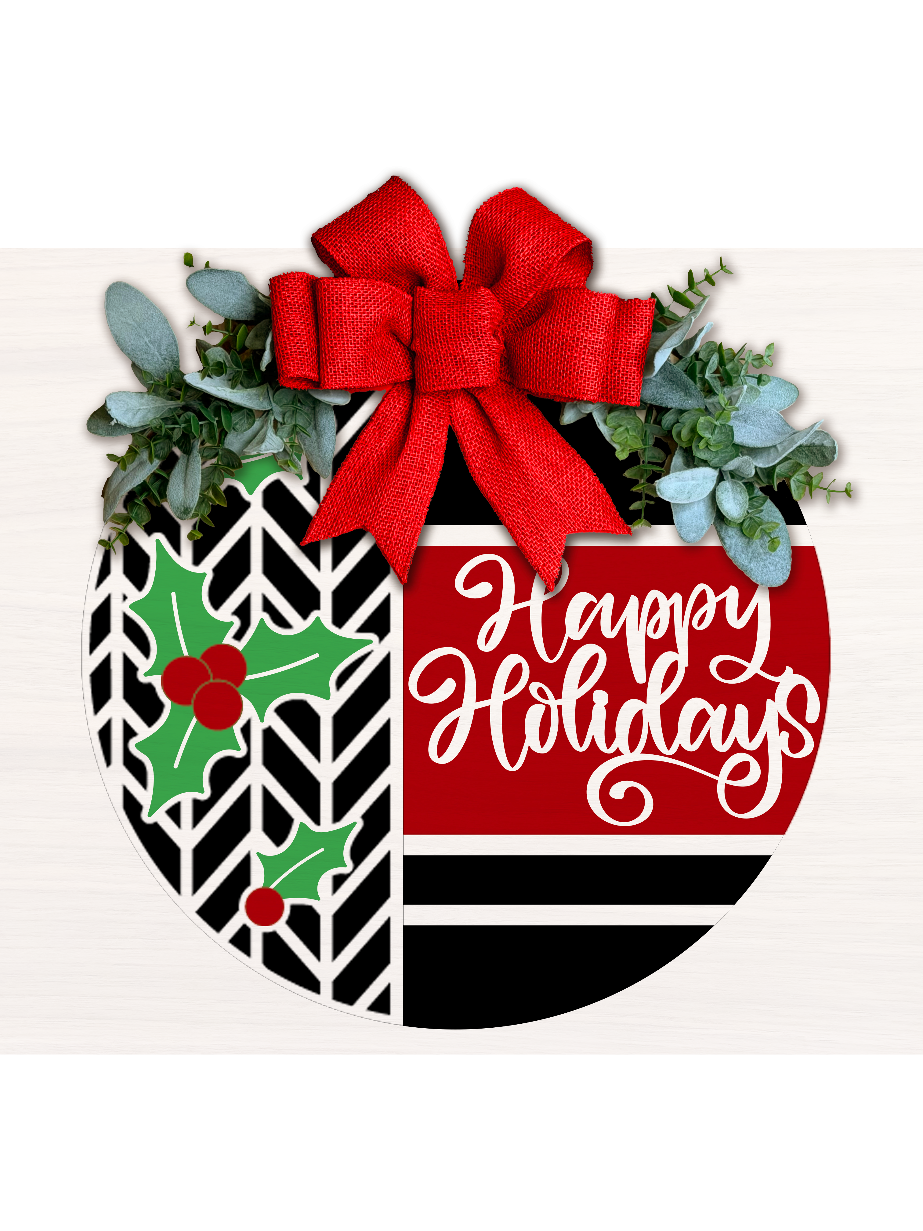 Happy Holidays Door Sign • Christmas Mistletoe Door Hanger • Red Black White Holiday Porch Decor • Layered Laser Cut Round Sign