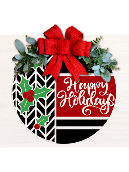 Happy Holidays Door Sign • Christmas Mistletoe Door Hanger • Red Black White Holiday Porch Decor • Layered Laser Cut Round Sign