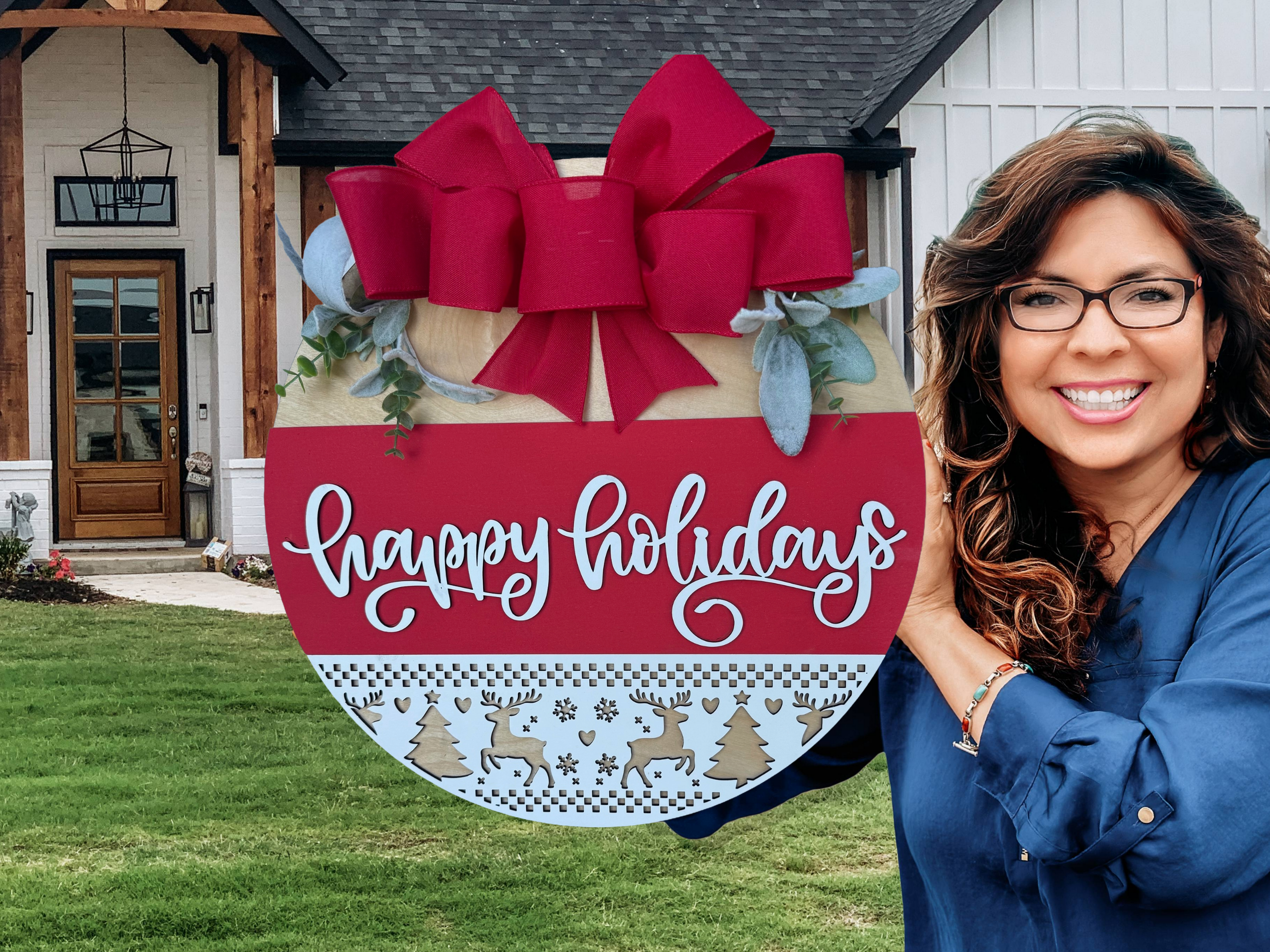 Happy Holidays Door Sign | Rustic Farmhouse Christmas Door Hanger | Red Holiday Front Porch Sign with Reindeer & Trees | Winter Decor