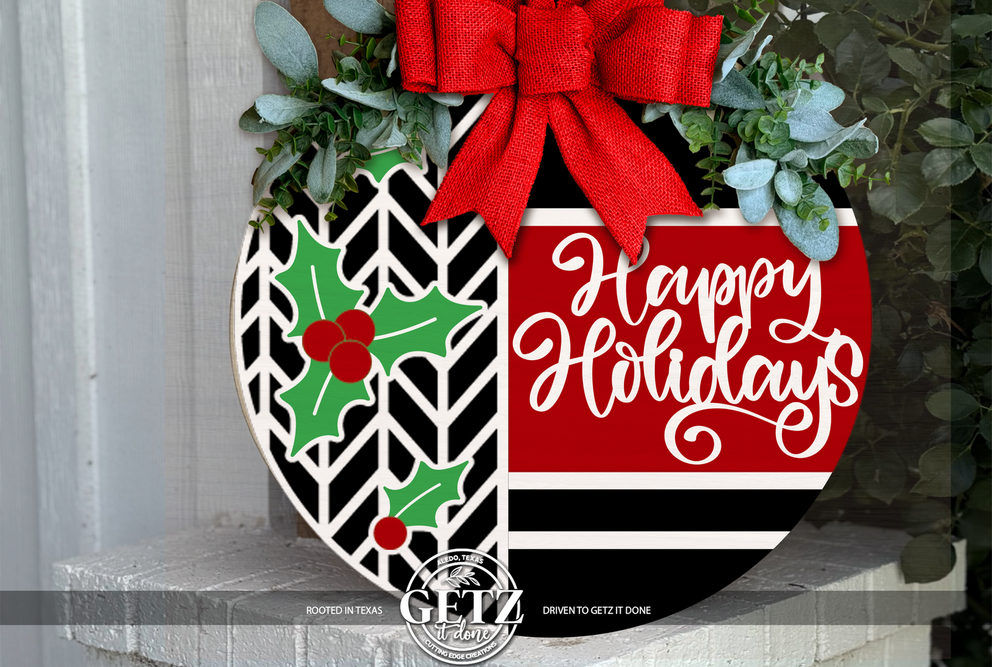 Happy Holidays Door Sign • Christmas Mistletoe Door Hanger • Red Black White Holiday Porch Decor • Layered Laser Cut Round Sign