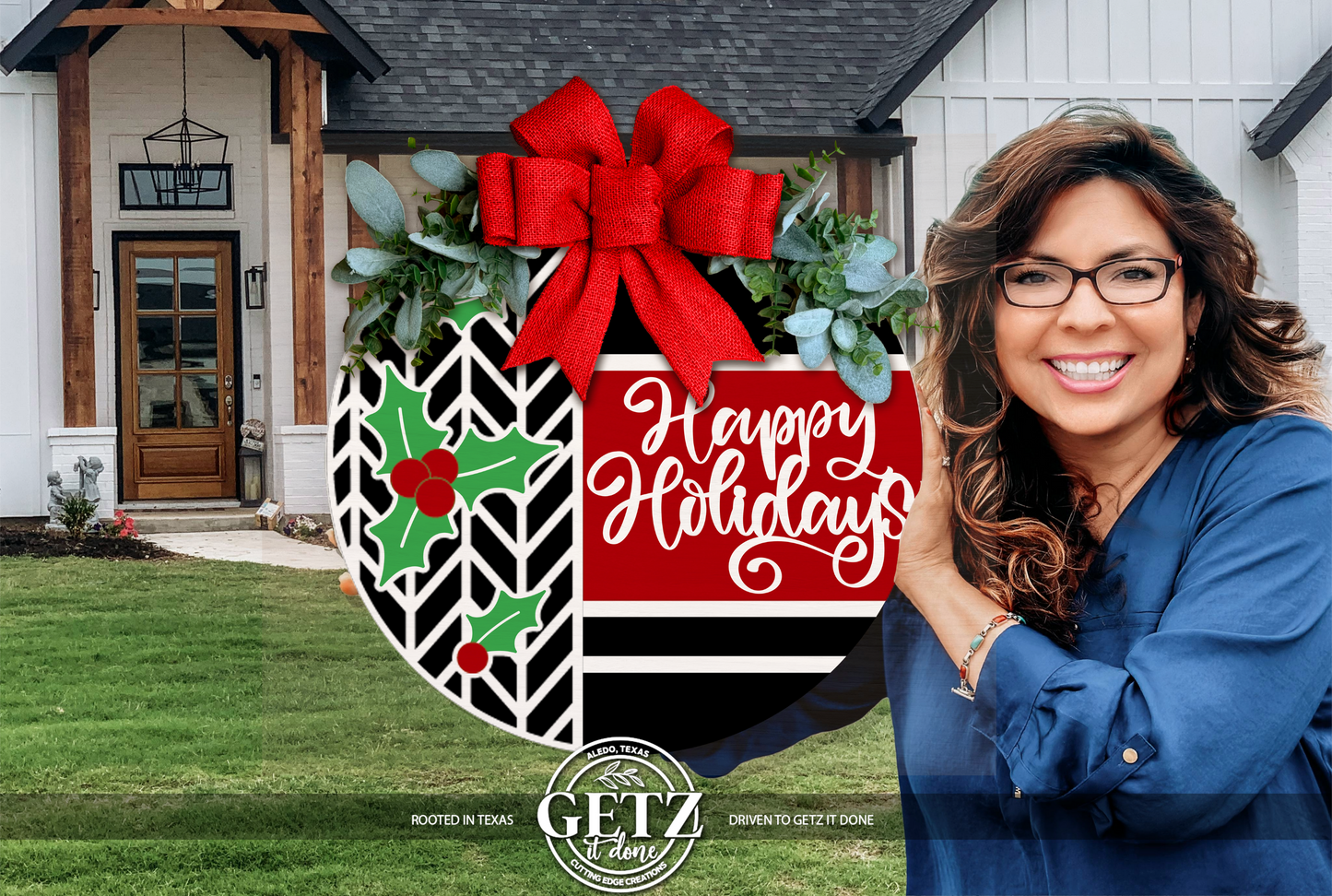 Happy Holidays Door Sign • Christmas Mistletoe Door Hanger • Red Black White Holiday Porch Decor • Layered Laser Cut Round Sign