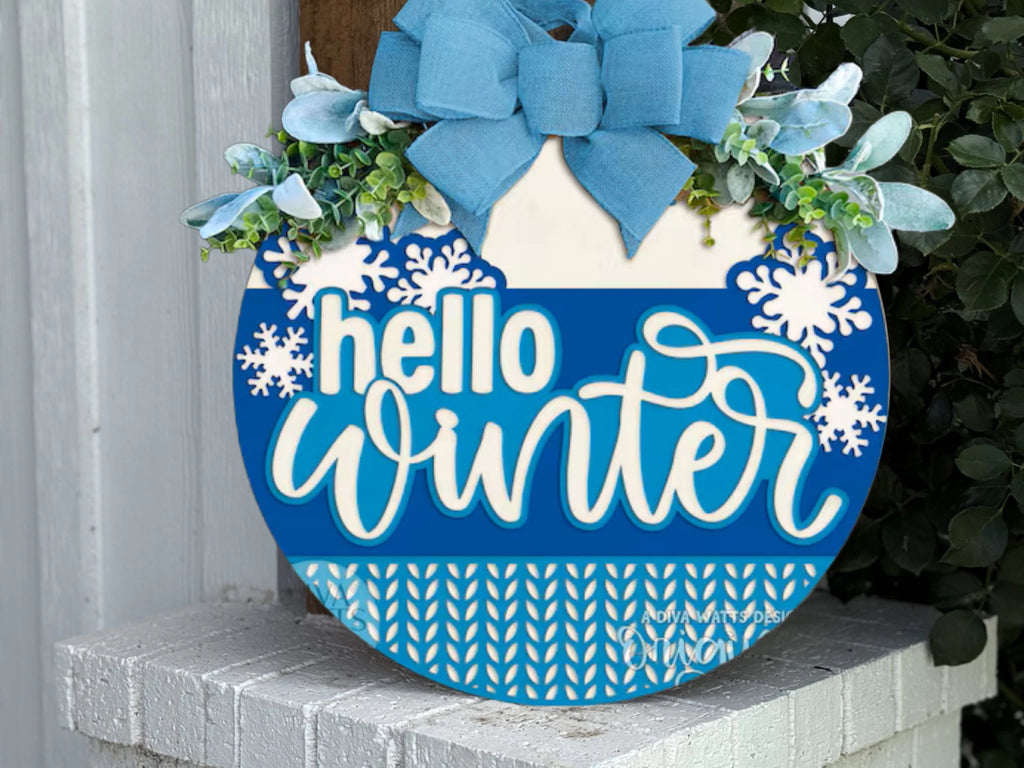 Hello Winter Door Sign | Blue Snowflake Winter Door Hanger | Farmhouse Winter Porch Décor | Seasonal Front Door Sign with Bow - 3D Layered Wood Door Sign by Getz It Done Studio