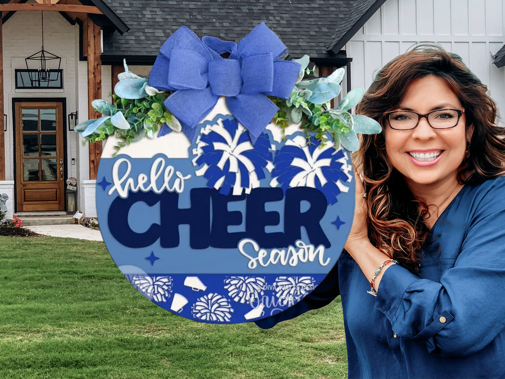 Hello Cheer Season Door Hanger • Cheerleading Pom Pom Sign • Layered Wood Round • Cheerleader Front Door Decor