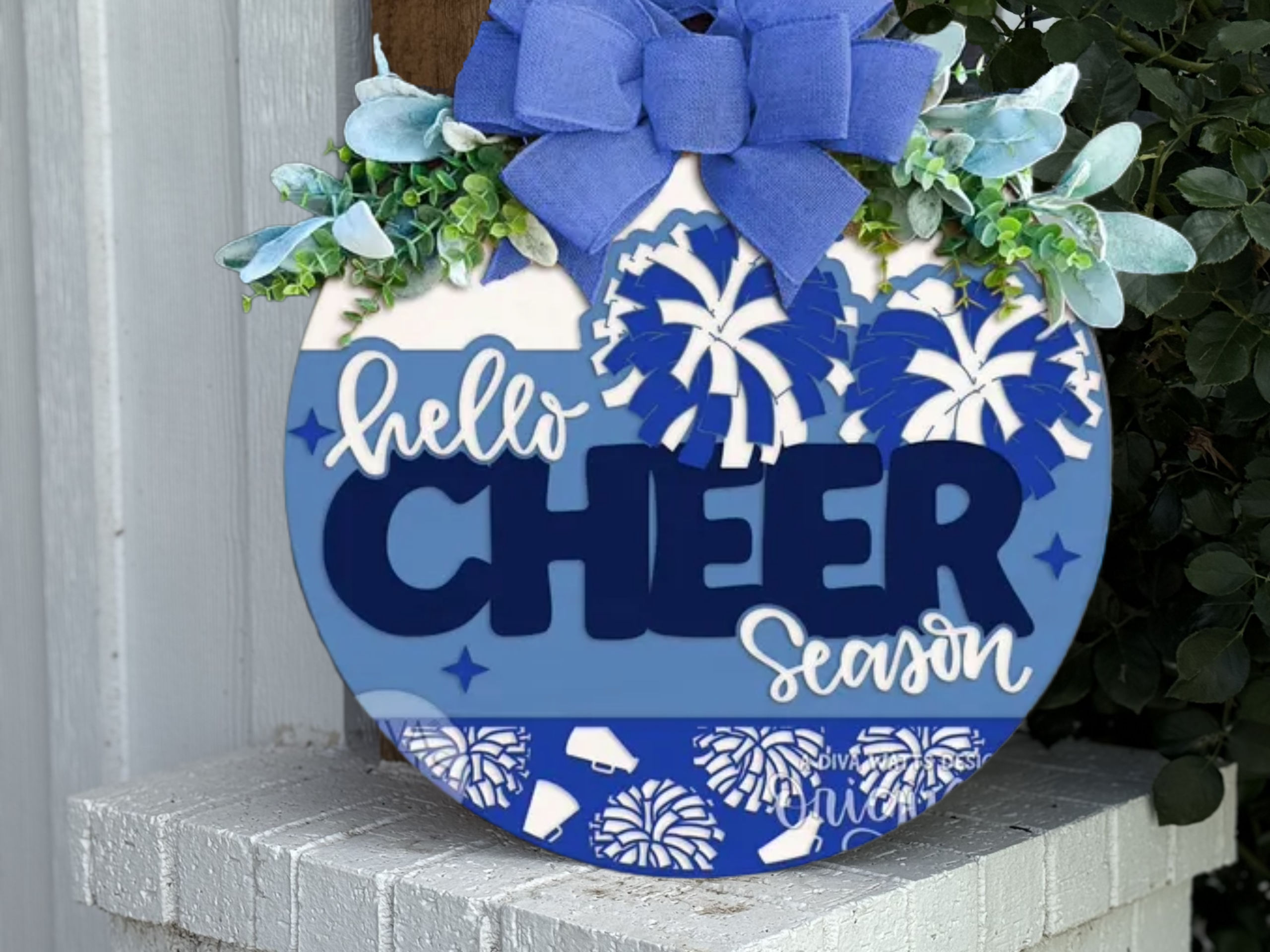 Hello Cheer Season Door Hanger • Cheerleading Pom Pom Sign • Layered Wood Round • Cheerleader Front Door Decor