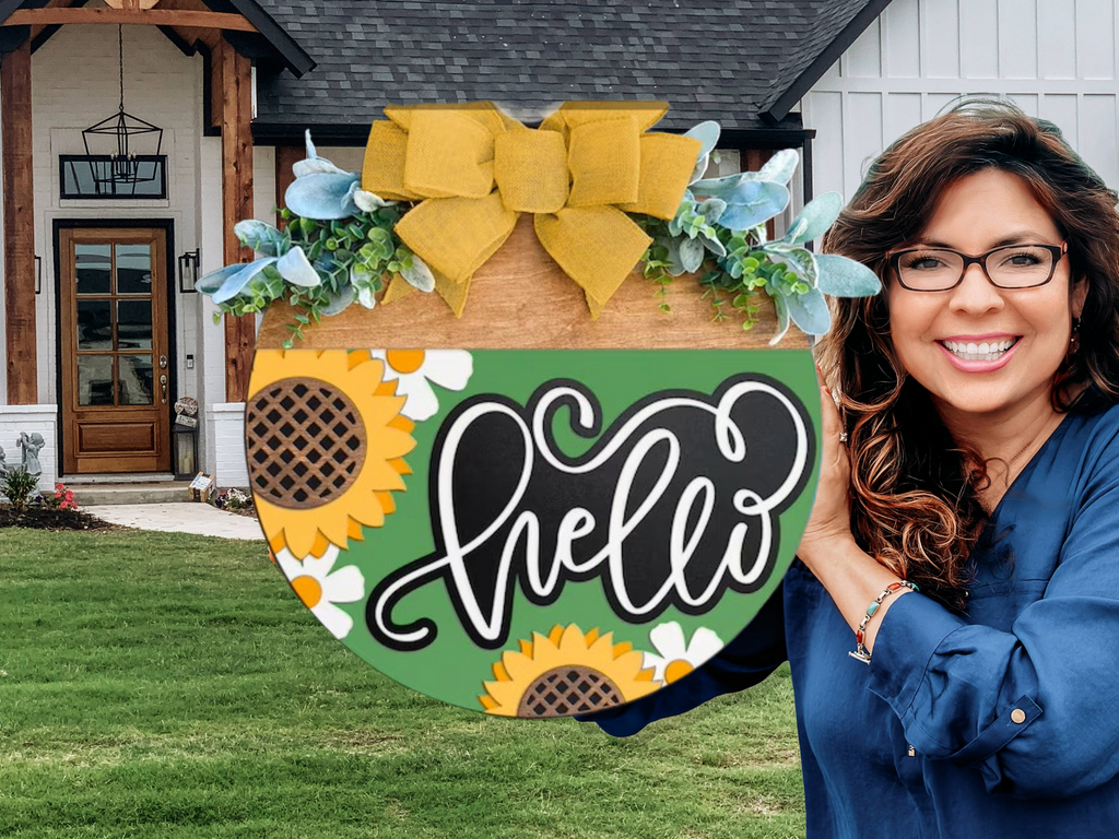 Hello Sunflower Door Hanger • Green & Yellow Front Door Sign • Summer Porch Decor • Layered Wood Round with Bow & Greenery • Farmhouse Entry Decor