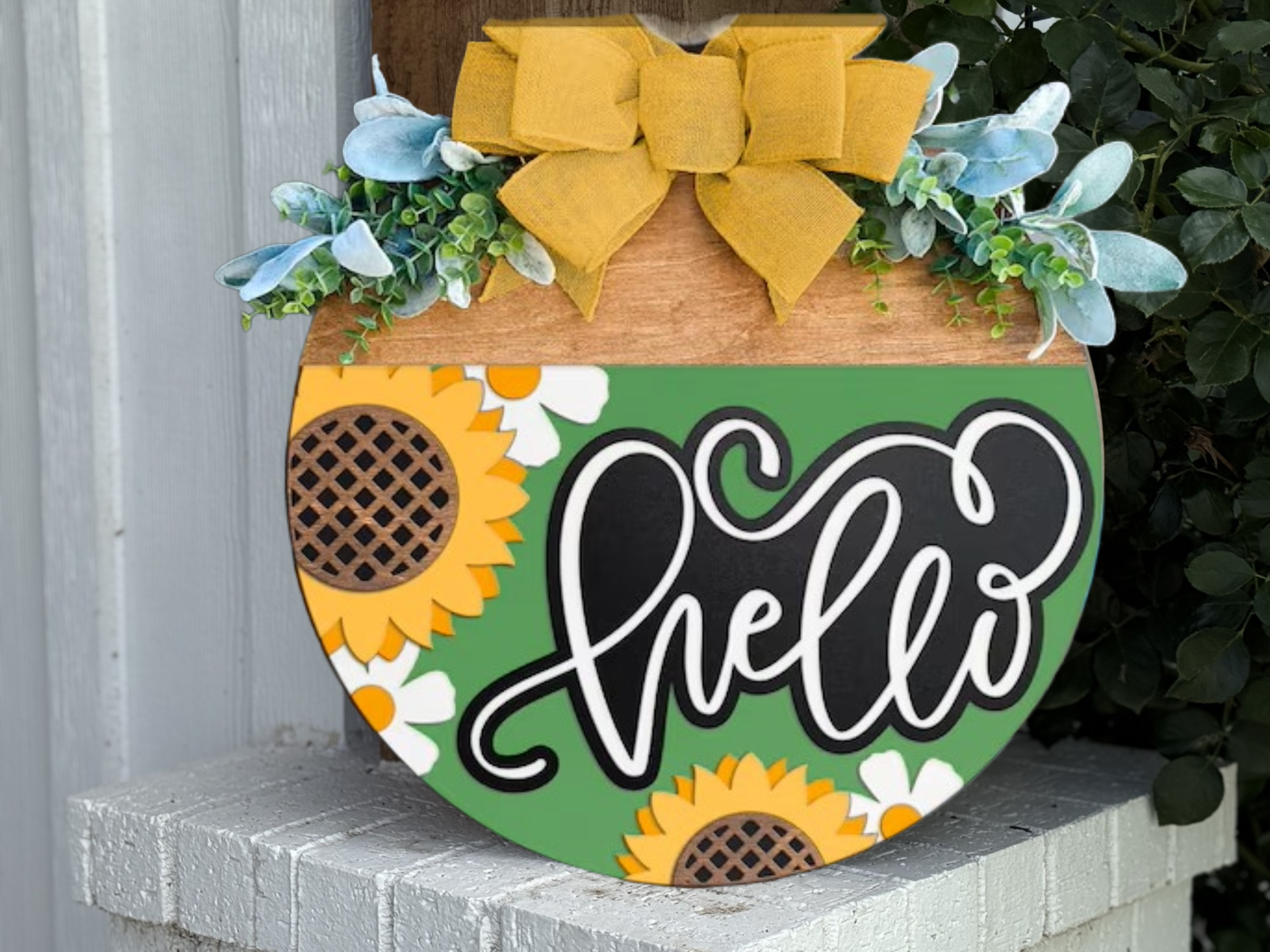 Hello Sunflower Door Hanger • Green & Yellow Front Door Sign • Summer Porch Decor • Layered Wood Round with Bow & Greenery • Farmhouse Entry Decor