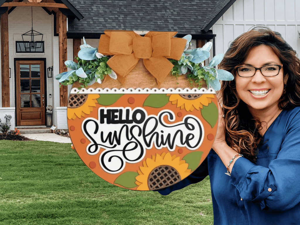 Hello Sunshine Door Hanger • Sunflower Front Door Sign • Orange Summer Porch Decor • Layered Wood Round with Bow & Greenery • Farmhouse Entry - 3D Layered Wood Door Sign by Getz It Done Studio