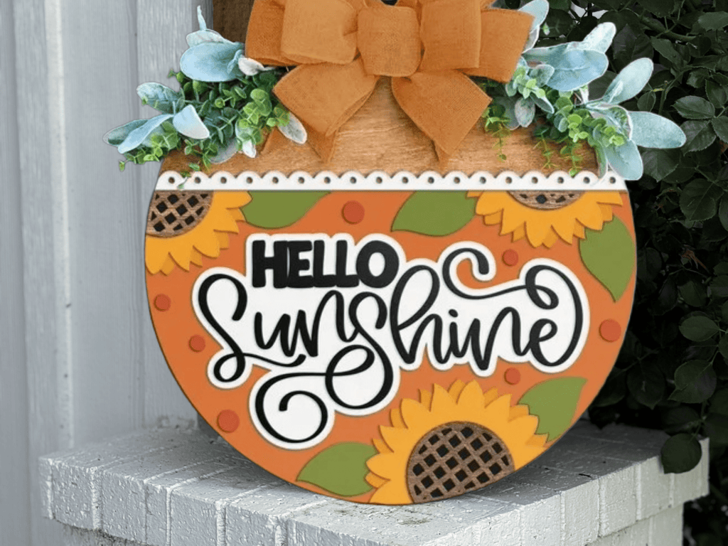 Hello Sunshine Door Hanger • Sunflower Front Door Sign • Orange Summer Porch Decor • Layered Wood Round with Bow & Greenery • Farmhouse Entry - 3D Layered Wood Door Sign by Getz It Done Studio