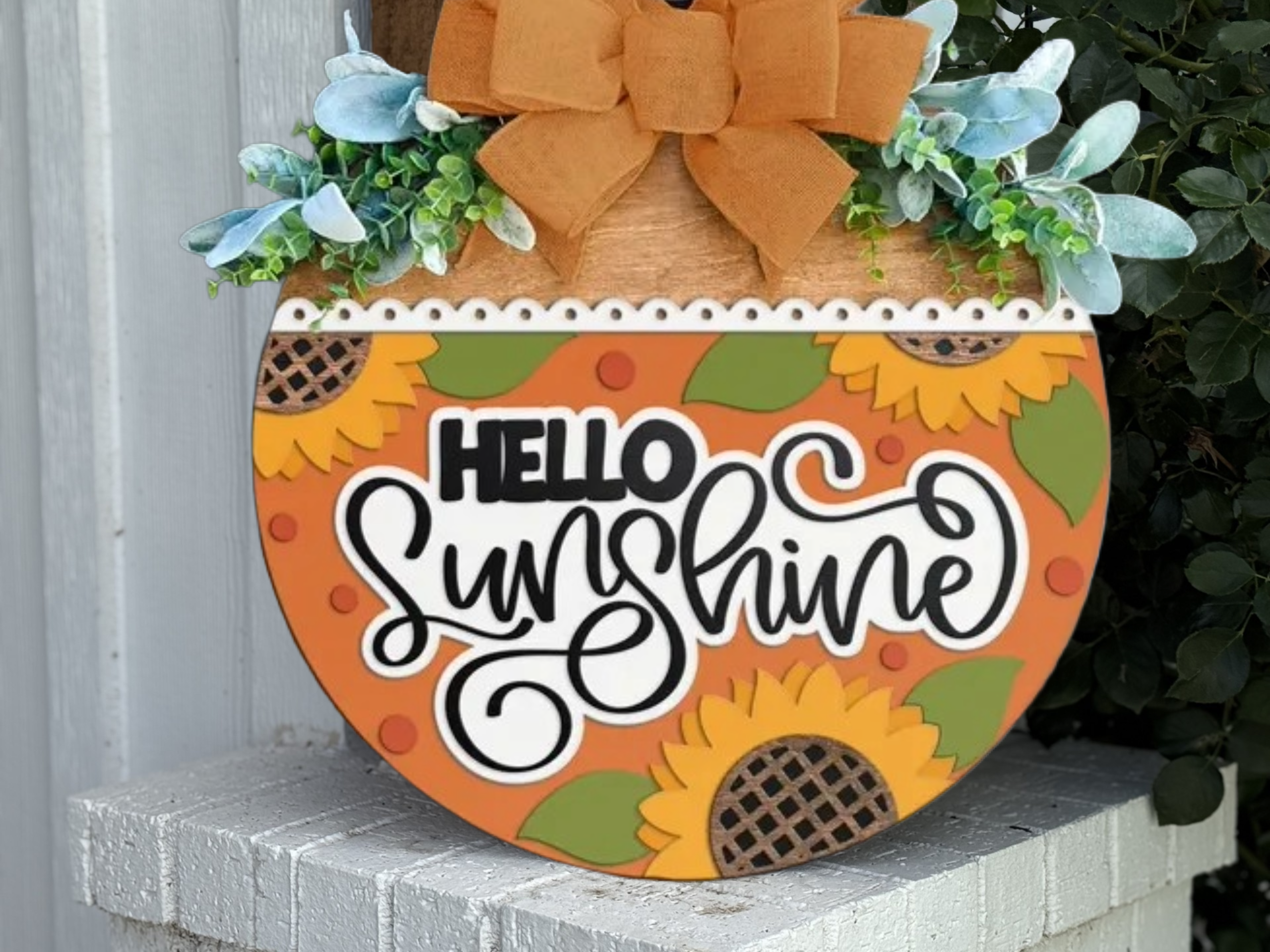 Hello Sunshine Door Hanger • Sunflower Front Door Sign • Orange Summer Porch Decor • Layered Wood Round with Bow & Greenery • Farmhouse Entry