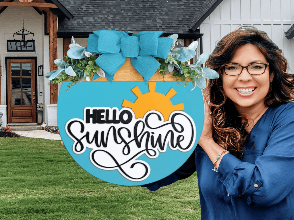 Hello Sunshine Door Hanger • Turquoise Summer Front Door Sign • Layered Wood Round with Sun Accent • Farmhouse Porch Decor with Bow - 3D Layered Wood Door Sign by Getz It Done Studio