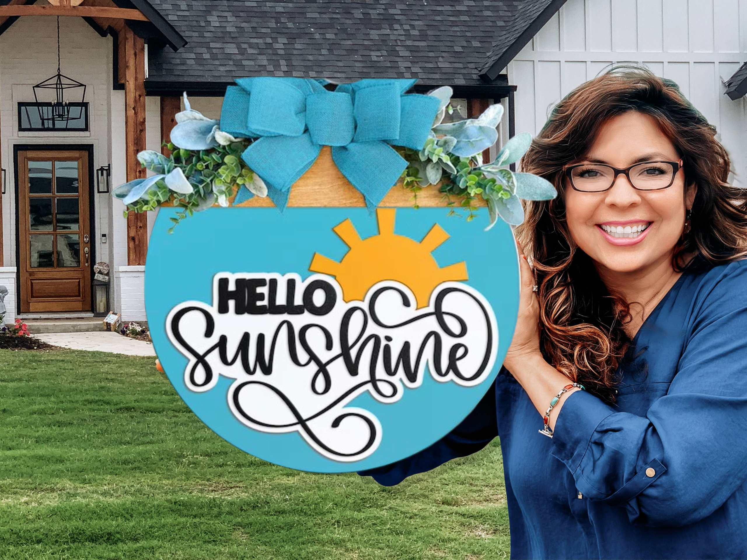 Hello Sunshine Door Hanger • Turquoise Summer Front Door Sign • Layered Wood Round with Sun Accent • Farmhouse Porch Decor with Bow