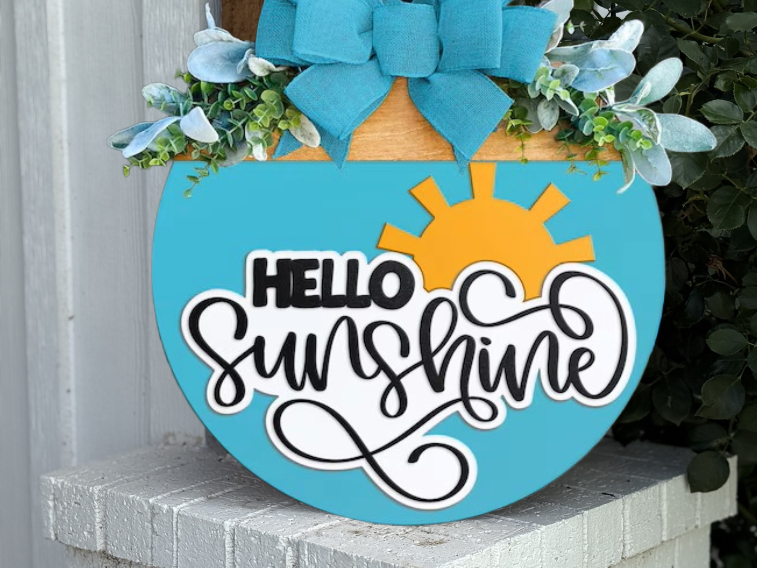 Hello Sunshine Door Hanger • Turquoise Summer Front Door Sign • Layered Wood Round with Sun Accent • Farmhouse Porch Decor with Bow