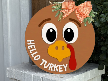 Hello Turkey Door Sign – Funny Thanksgiving Door Hanger, Handmade Layered Wood Turkey Face Sign, Fall Porch or Kitchen Decor