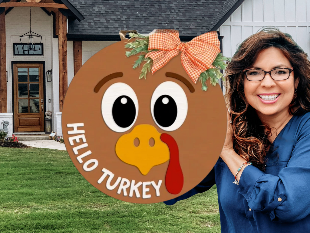 Hello Turkey Door Sign – Funny Thanksgiving Door Hanger, Handmade Layered Wood Turkey Face Sign, Fall Porch or Kitchen Decor