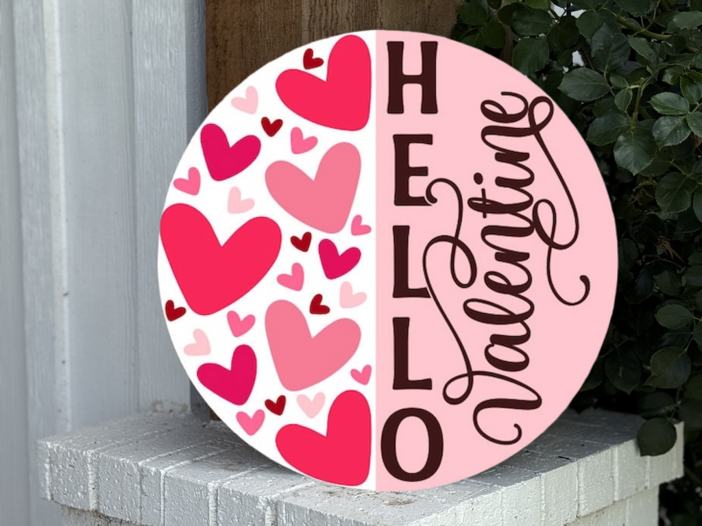 Hello Valentine Door Hanger • Valentine Front Door Sign • Pink Heart Decor • Valentine Porch Sign • Wooden Round Sign