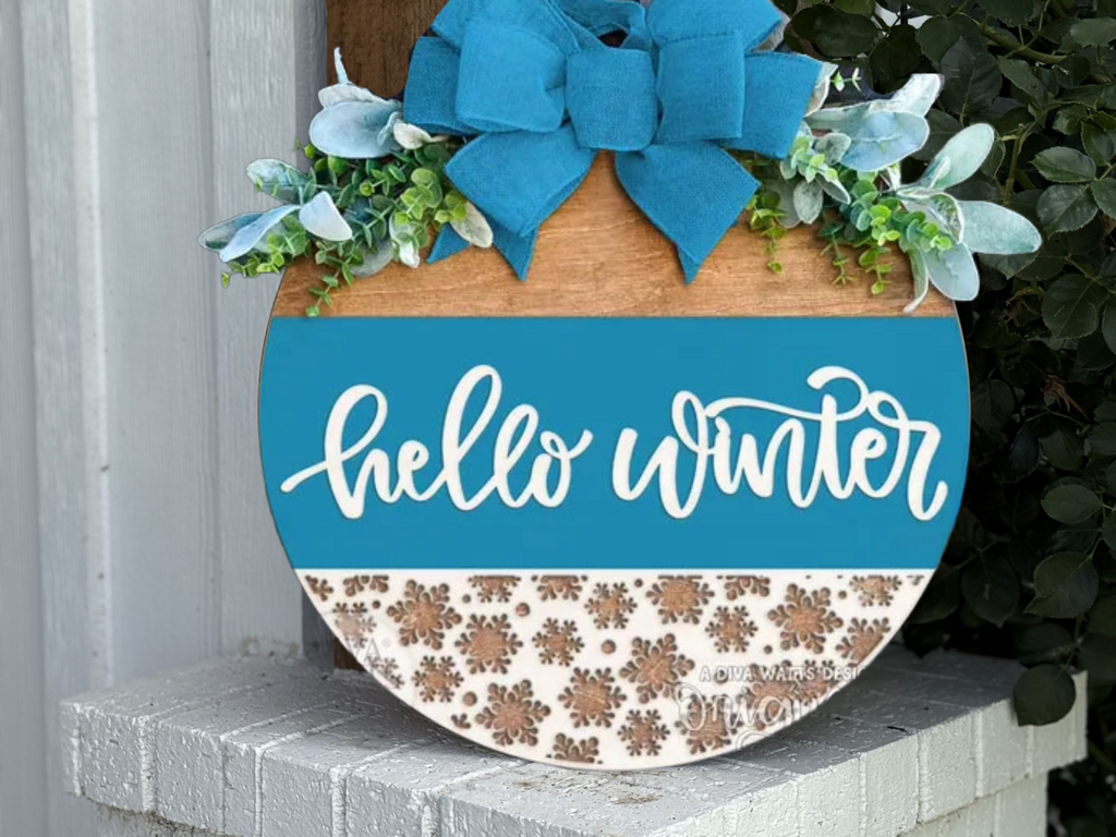 Hello Winter Door Sign – Blue Snowflake Door Hanger, Layered Wood Winter Decor with Bow and Greenery, Handmade Farmhouse Style