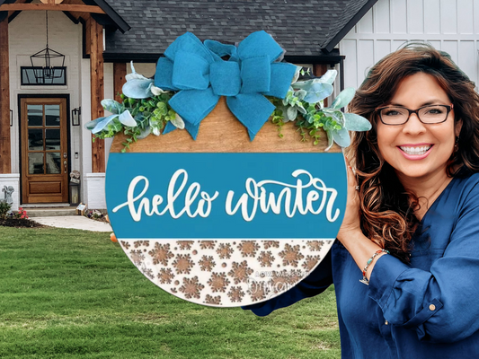 Hello Winter Door Sign – Blue Snowflake Door Hanger, Layered Wood Winter Decor with Bow and Greenery, Handmade Farmhouse Style