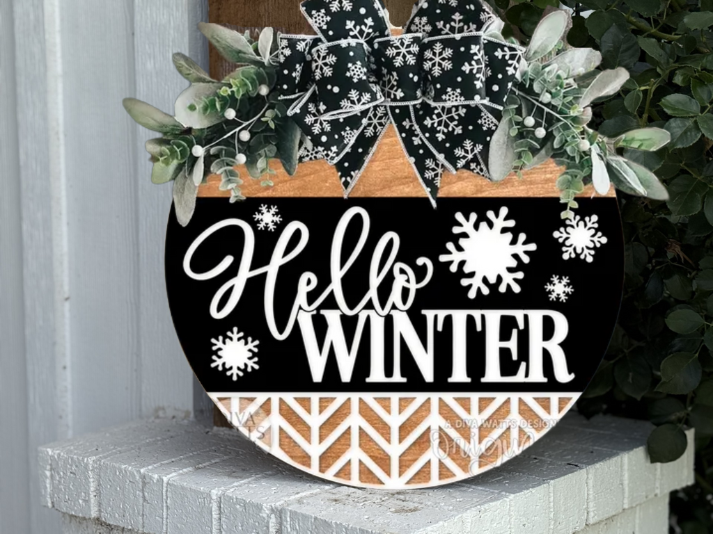 Hello Winter Door Sign – Black and White Winter Door Hanger, Snowflake Porch Decor, Farmhouse Winter Sign, Handmade Layered Wood
