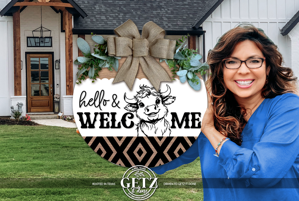 "Hello & Welcome" Highland Cow 3D Layered Wood Door Hanger