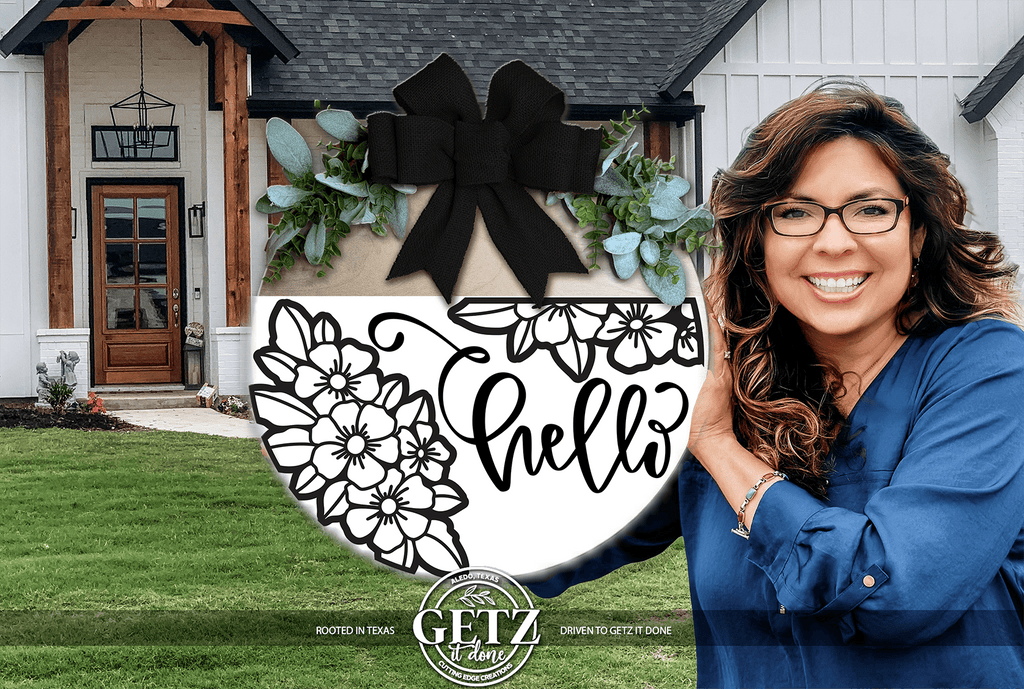 Black & White Floral Hello Door Sign – Modern Farmhouse Layered Wood Porch Decor - 3D Layered Wood Door Sign by Getz It Done Studio