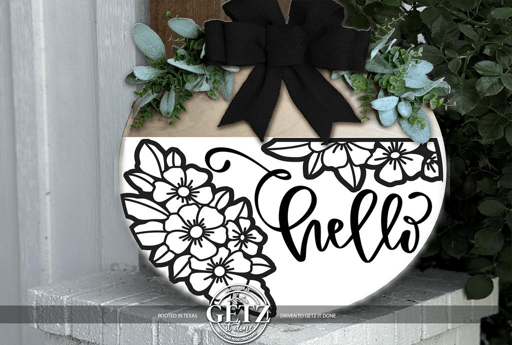Black & White Floral Hello Door Sign – Modern Farmhouse Layered Wood Porch Decor - 3D Layered Wood Door Sign by Getz It Done Studio