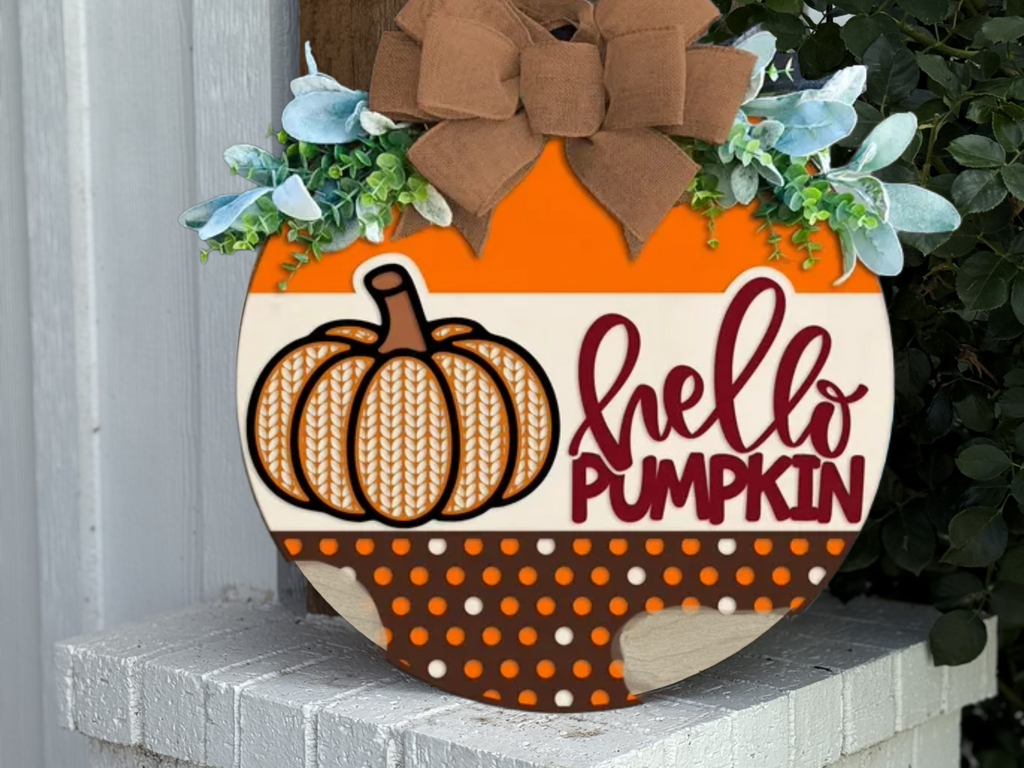 Hello Pumpkin Fall Door Sign – Rustic Farmhouse Autumn Porch Décor with Rattan Pumpkin, Layered Wood Door Hanger, Thanksgiving Wreath