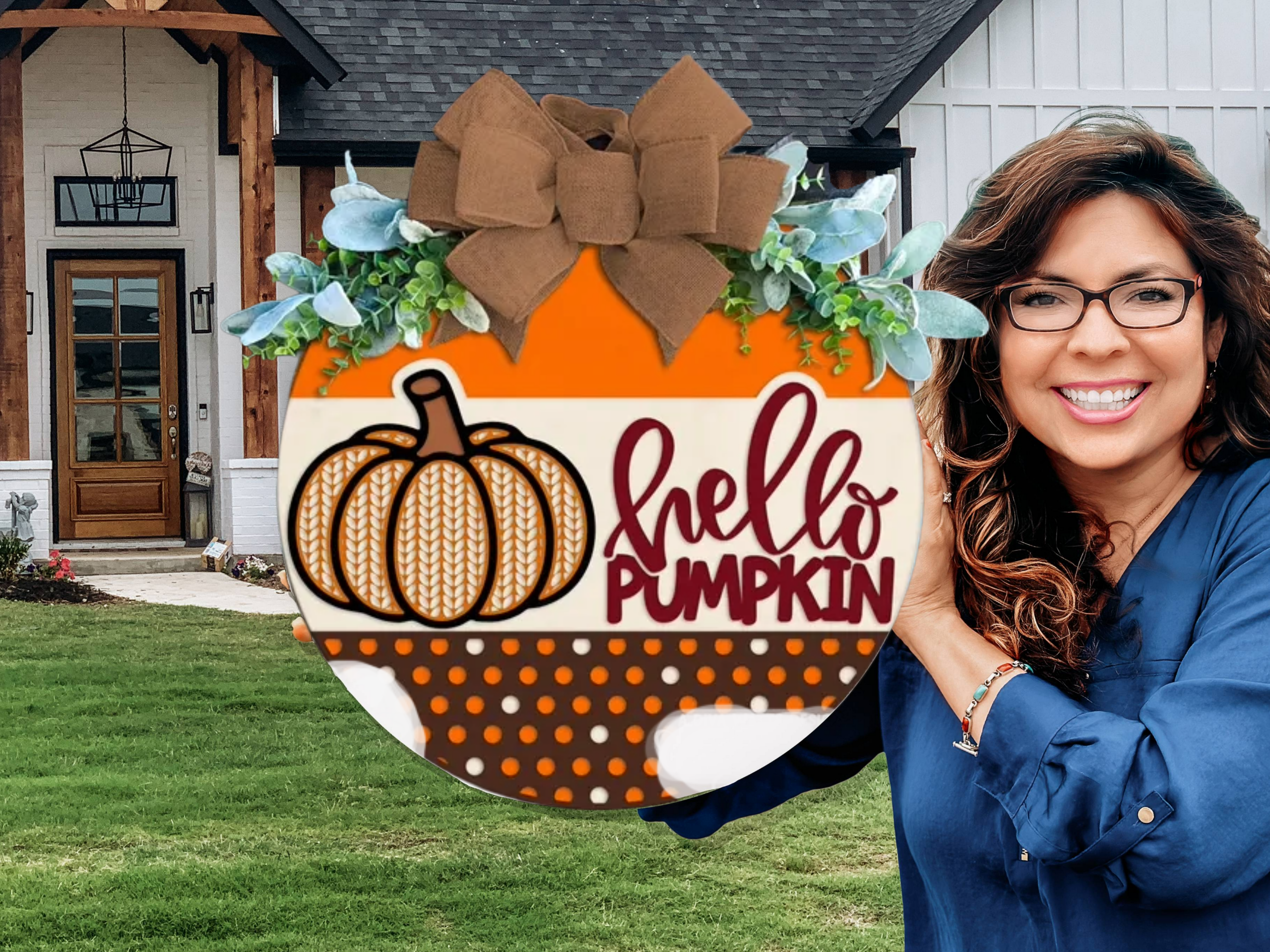 Hello Pumpkin Fall Door Sign – Rustic Farmhouse Autumn Porch Décor with Rattan Pumpkin, Layered Wood Door Hanger, Thanksgiving Wreath