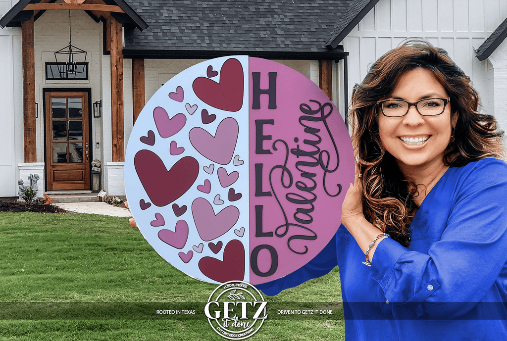 Hello Valentine Door Hanger • Valentine Front Door Sign • Pink Heart Decor • Valentine Porch Sign • Wooden Round Sign - 3D Layered Wood Door Sign by Getz It Done Studio